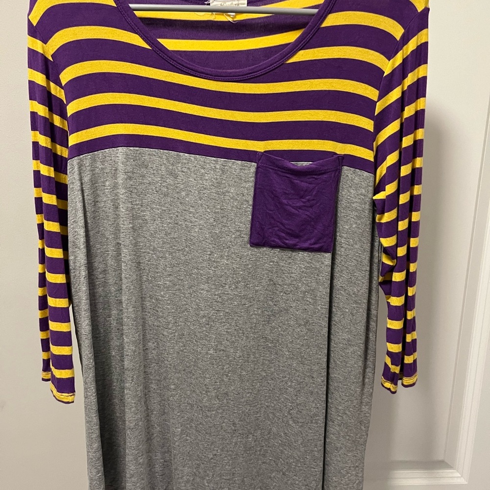 Striped Purple and Yellow Top with Gray Bottom